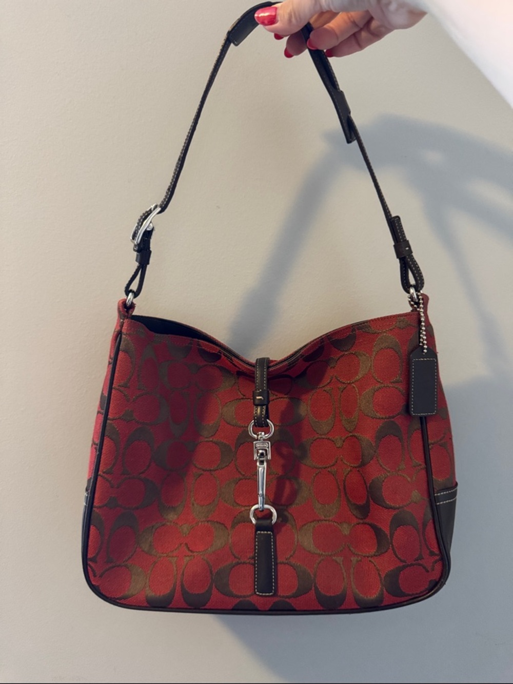 Coach Red Signature Jacquard Shoulder Bag with Dark Trim